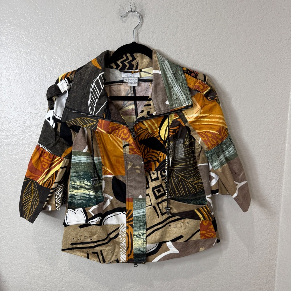 Just B Petite PS Abstract Patchwork Statement Jacket Artsy Boho Fall Layering
